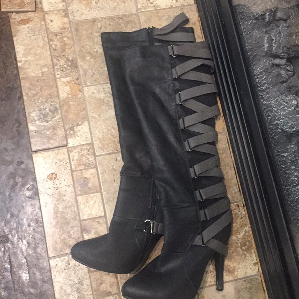 Grayish black strap detail knee high boots